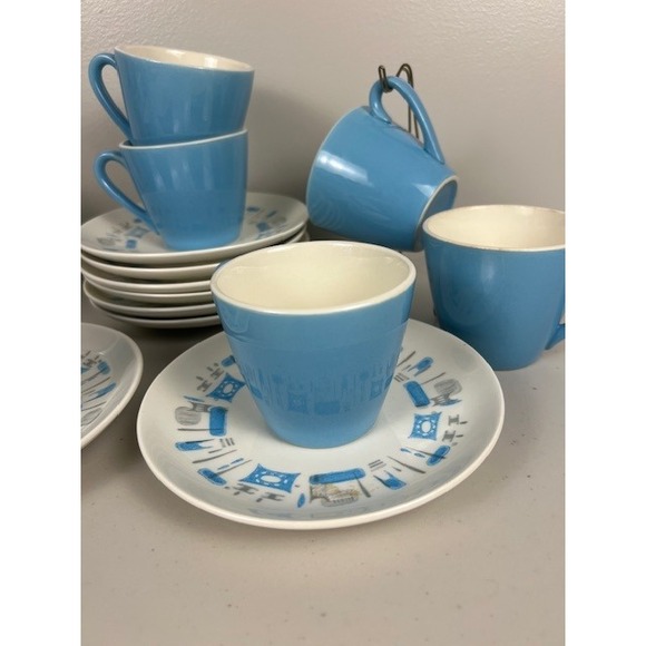 Atomic Kitchen Other - Vintage Mid Century Modern Atomic Kitchen Blue Tea Coffee Cup Saucer Set of Two